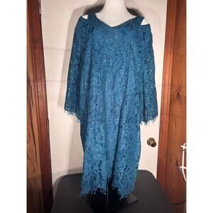 CATO Established 1946 Teal Blue Lace Cold-Shoulder Uneven Hem Fully Lined